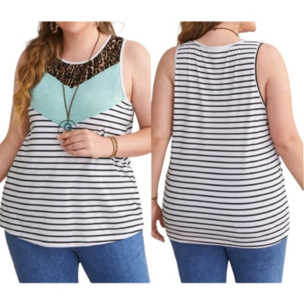 Emery Rose Tank Top Striped Leopard Print Blouse White Mint Green